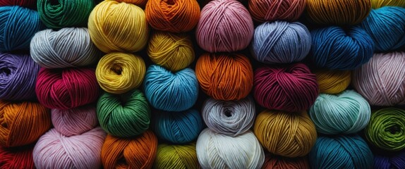 Poster - Vibrant assortment of natural yarn in various colors stacked in organized piles creating a visually appealing texture and depth.