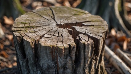 Poster - Weathered tree stump with deep cracks and moss showcasing nature's degradation and resilience in a forest setting.