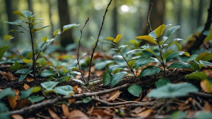 Poster - Close up macro image of lush green foliage and branches on forest floor with blurred background, ideal for natural texture backgrounds.