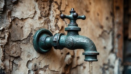 Poster - Vintage iron faucet mounted on a weathered wall with peeling paint showcasing rustic charm and historical character.
