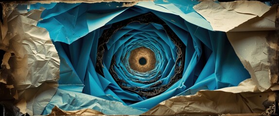 Poster - Abstract spiral of blue paper with crumpled edges creating an intriguing visual depth and texture on a dark background.