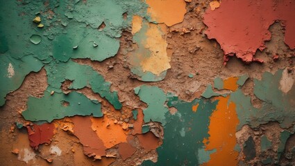 Poster - Textured abstract background of peeling paint in vibrant hues of green, red, ocher, orange, and brown on an aged wall for artistic use.