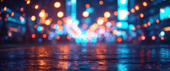 Poster - Vibrant city bokeh lights illuminating a wet street at night creating a mesmerizing abstract background for artistic designs.