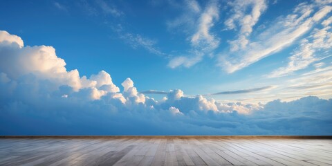 Poster - Vast Blue Sky with Fluffy Clouds Over a Wooden Floor Creating an Inspiring Landscape Ideal for Text Placement and Creative Design