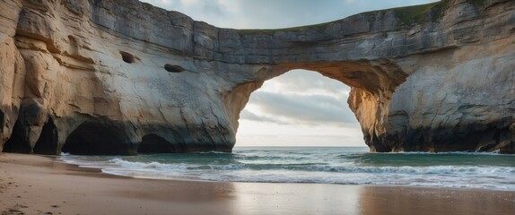 Poster - Majestic Natural Rock Arch Overlooking Tranquil Beach and Serene Ocean Waves at Sunset