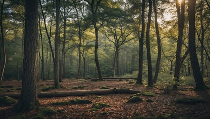 Poster - Serene Forest Landscape with Lush Green Trees and Soft Light Ideal for Text Overlay or Nature-Focused Designs