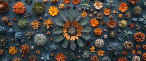 Poster - Colorful floral arrangement with various shapes and textures on a dark background for creative design and nature-themed projects.