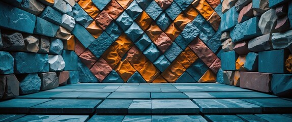 Poster - Textured multicolored stone wall with geometric patterns creating a visually striking backdrop for various design and artistic concepts.