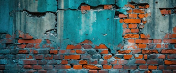 Poster - Textured vintage concrete and brick wall with peeling paint and weathered appearance ideal for background or architectural designs