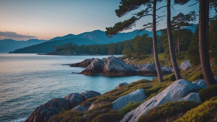 Poster - Scenic Evening View of a National Park with Pine Trees and Rocky Coastline Overlooking the Calm Sea Ideal for Nature-Themed Designs