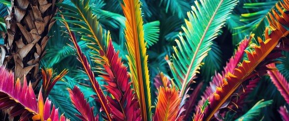 Poster - Vibrant tropical foliage with colorful sugar palm leaves creating a natural abstract texture background.