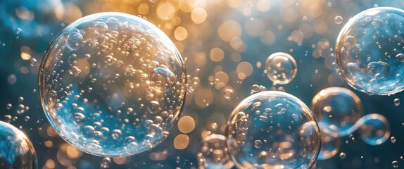 Poster - Floating bubbles in soft focus with warm bokeh background creating a serene and airy atmosphere ideal for design and relaxation themes.