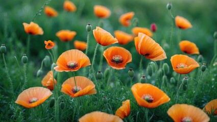 Poster - Vibrant Orange Poppy Flowers Blooming in Lush Green Grassland Under Soft Natural Light
