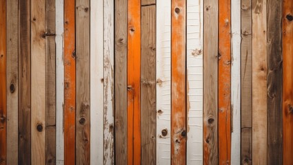 Poster - Wooden wall background with natural textures featuring orange and white stripes, highlighting geometric patterns and play of light and shadow.
