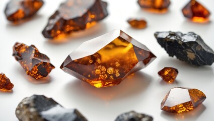 Poster - natural amber mineral collection on a white background showcasing various sizes and cuts of amber ge