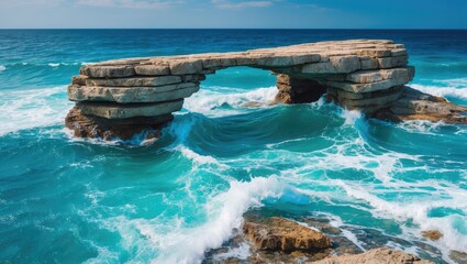 Poster - Turquoise Seascape with Natural Stone Arch and Waves Under Clear Blue Sky in Picturesque Coastal Landscape