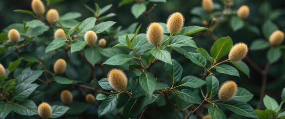 Poster - Mimosa Pudica Plant Featuring Distinctive Leaves That Fold Upon Touch Surrounded By Soft, Furry Seed Pods Against Lush Green Background