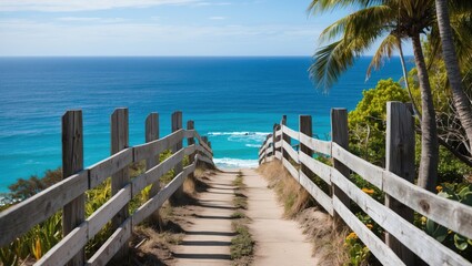 Poster - Scenic Coastal Pathway Framed By Wooden Fence Leading To A Serene Blue Ocean With Lush Greenery On The Sides Under Clear Skies