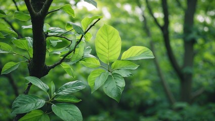 Poster - Lush green leaves on a tree branch highlighting the beauty of nature in a serene forest environment.
