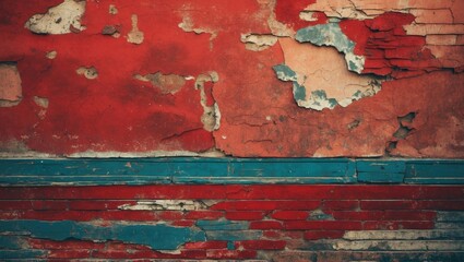Poster - Textured vintage red wall with peeling paint and blue accents, showcasing rustic charm and weathered character for creative backgrounds.