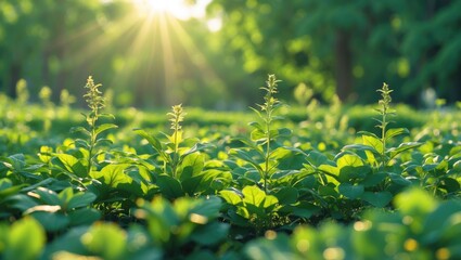 Poster - Summer sunlight illuminating a lush green garden with vibrant foliage creating a tranquil natural background for relaxation and inspiration.