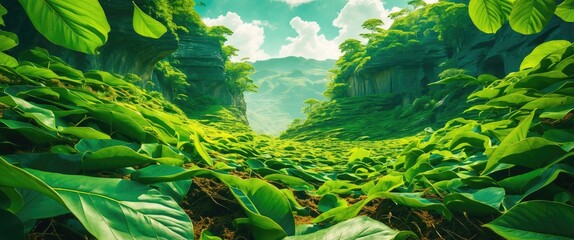 Poster - Lush green landscape with abundant foliage and vivid greenery under a bright sky showcasing nature's tranquility and beauty.