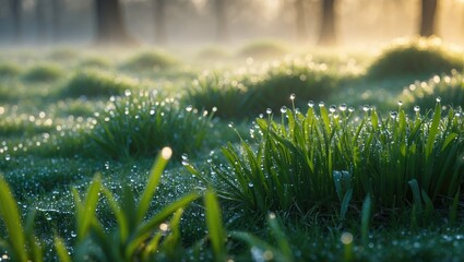 Poster - Dew-kissed grass in a serene spring morning landscape with soft sunlight illuminating the vibrant greenery and misty atmosphere.