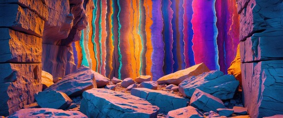 Poster - Vibrant rock formation background with vertical lines and colorful lighting in a natural cave setting for artistic and nature themes