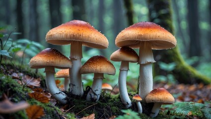 Poster - Vibrant mushrooms cluster in a lush forest setting showcasing rich colors and textures in a tranquil natural environment.