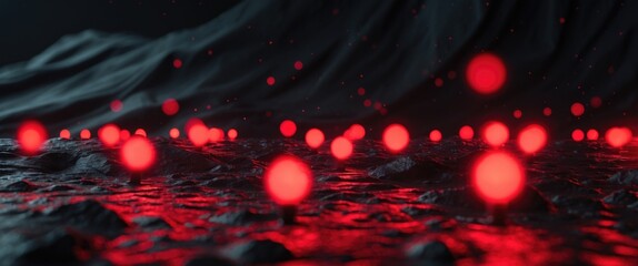 Fototapete - Abstract composition of glowing red lights on a textured black surface creating a mysterious and atmospheric visual with natural elements.
