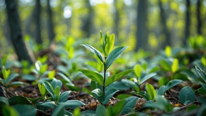 Poster - Vibrant Spring Greenery Emphasizing New Growth and Natural Beauty in a Sunlit Forest Environment with Fresh Leaves and Plant Life