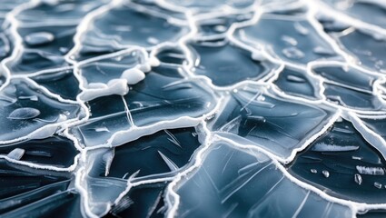 Poster - Close-up of a frozen surface displaying intricate ice patterns with a mix of clear and opaque areas highlighting nature's delicate artistry.