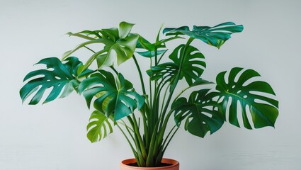 Poster - Monstera Deliciosa Indoor Plant Against Light Background with Space for Text Placement and Creative Design Elements