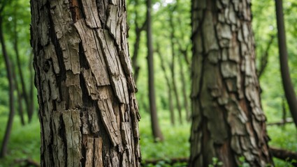 Poster - Textured tree bark in a lush green forest showcasing natural beauty and the passage of time through nature's patterns and colors.