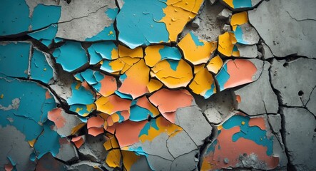 Poster - Colorful cracked paint on a concrete wall creating a vibrant texture and visual interest for backgrounds and artistic applications