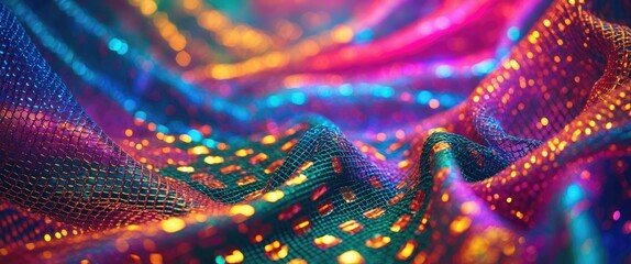 Poster - Vibrant mesh fabric background with shimmering colors and intricate texture for creative design and artistic projects.