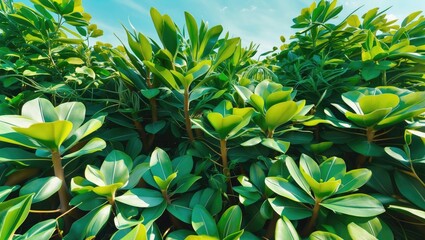 Poster - Lush green plants with long flat leaves creating a vibrant and fresh garden landscape ideal for decorative purposes and outdoor aesthetics.