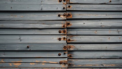 Poster - Weathered grey wooden wall featuring horizontal and vertical planks with rusty nails, offering a natural textured background for design projects.