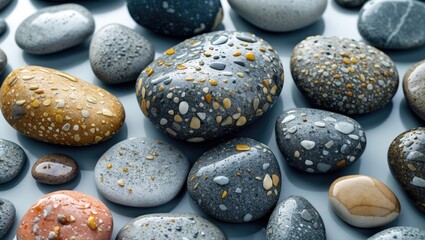 Poster - colorful wet sea stones with varied textures and patterns arranged on a light surface showcasing nat