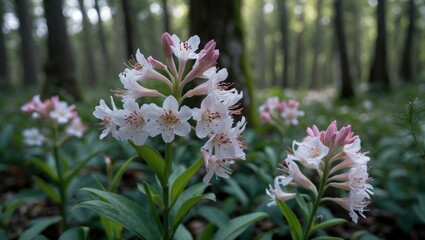 Poster - Blooming Myosotis Flowers in a Serene Forest Setting Surrounded by Lush Greenery and Soft Morning Light