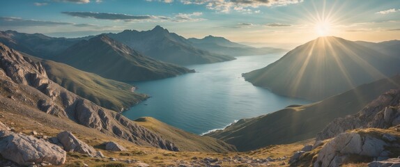 Poster - Serene Mountain Landscape at Sunrise With Dramatic Sun Rays Over Calm Sea and Copious Empty Space for Text or Branding
