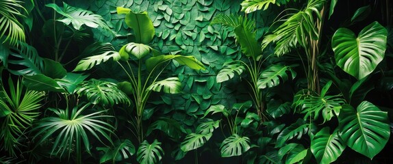 Poster - Tropical green leaf texture creating a lush wall effect in a vibrant forest setting ideal for nature and decor backgrounds.
