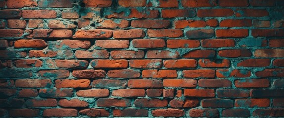 Poster - Textured Old Red Brick Wall Background with Rustic Details and Colorful Patina for Design and Artistic Use