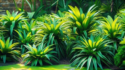 Poster - Lush green plants with long flat leaves creating a vibrant garden scene, perfect for outdoor decoration and enhancing natural aesthetics.