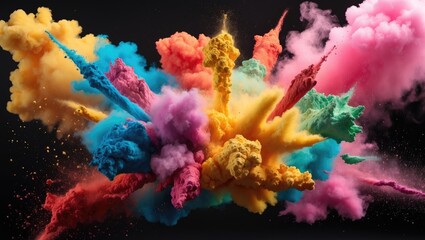 Poster - Vibrant multicolor powder explosion creating a dynamic cloud of colored dust against a dark background for artistic or creative concepts.