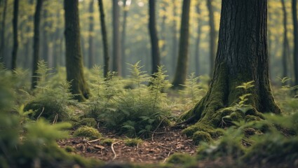 Poster - Serene Forest Landscape with Lush Ferns and Tall Trees in Soft Morning Light