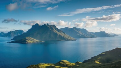 Poster - Scenic Mountain Landscape Overlooking Serene Island Waters With Clear Skies Ideal For Text Placement and Creative Design