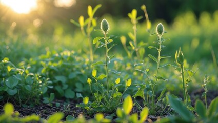 Poster - Morning sunlight illuminating common purslane plants in a lush green outdoor setting, highlighting their natural beauty and resilience.