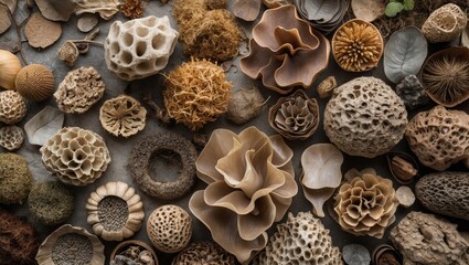 Poster - Organic textures and shapes, high-resolution image showcasing diverse natural materials in earthy tones and intricate details.