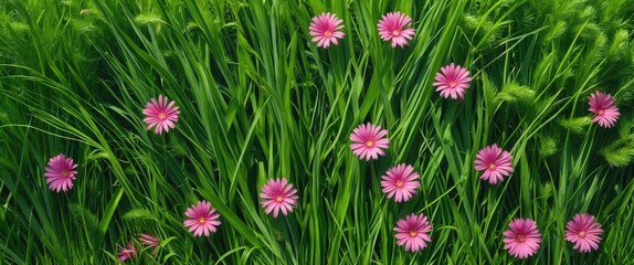Poster - Lush green grass adorned with vibrant pink flowers under a clear blue sky on a sunny summer day in a natural setting.